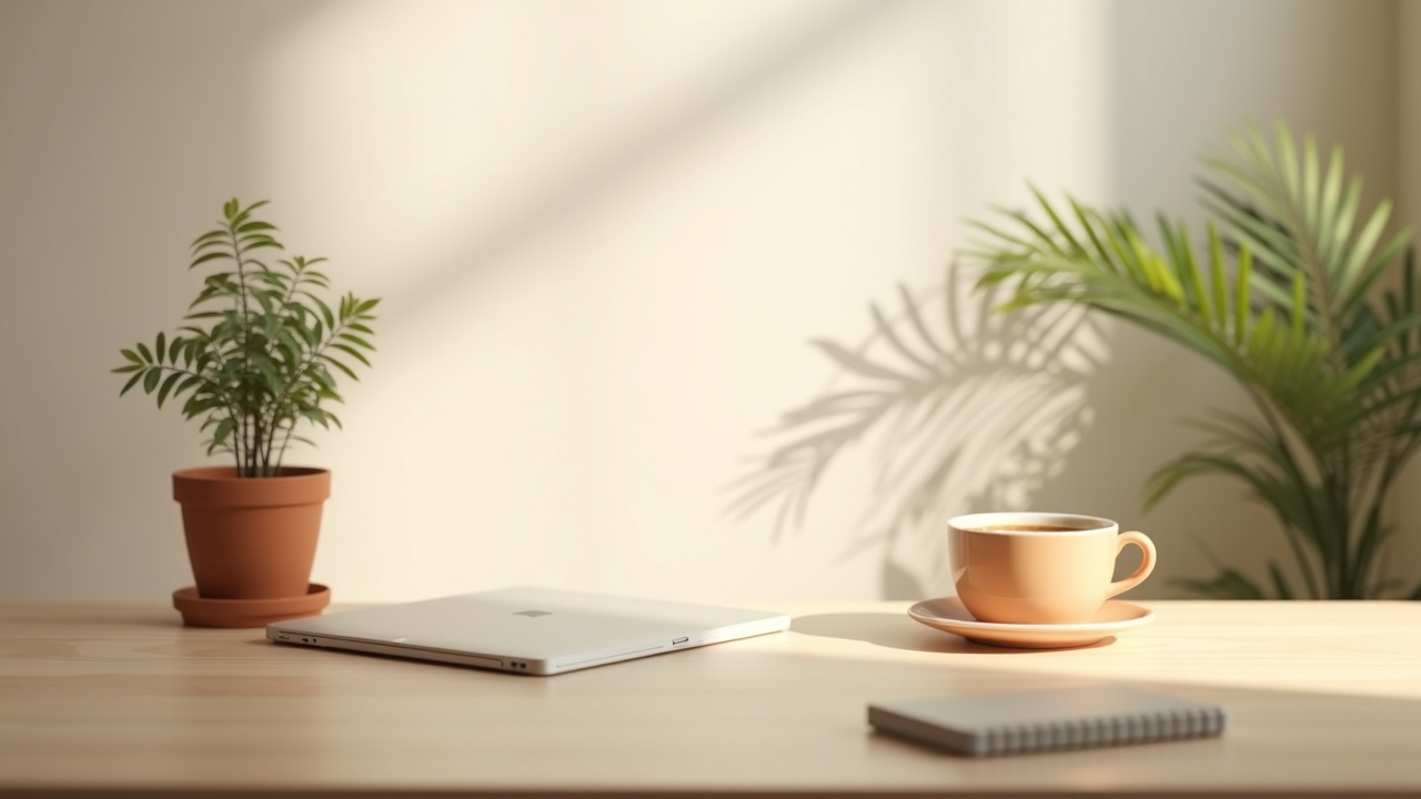 Tidy desk with a plant in morning light, ongoing operation