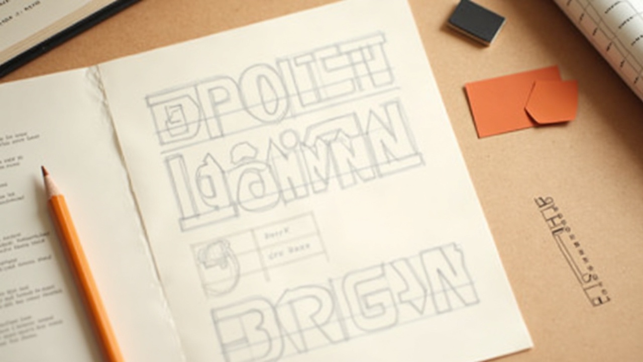 Typography samples, grid sketch and colour swatches on the table, the design phase