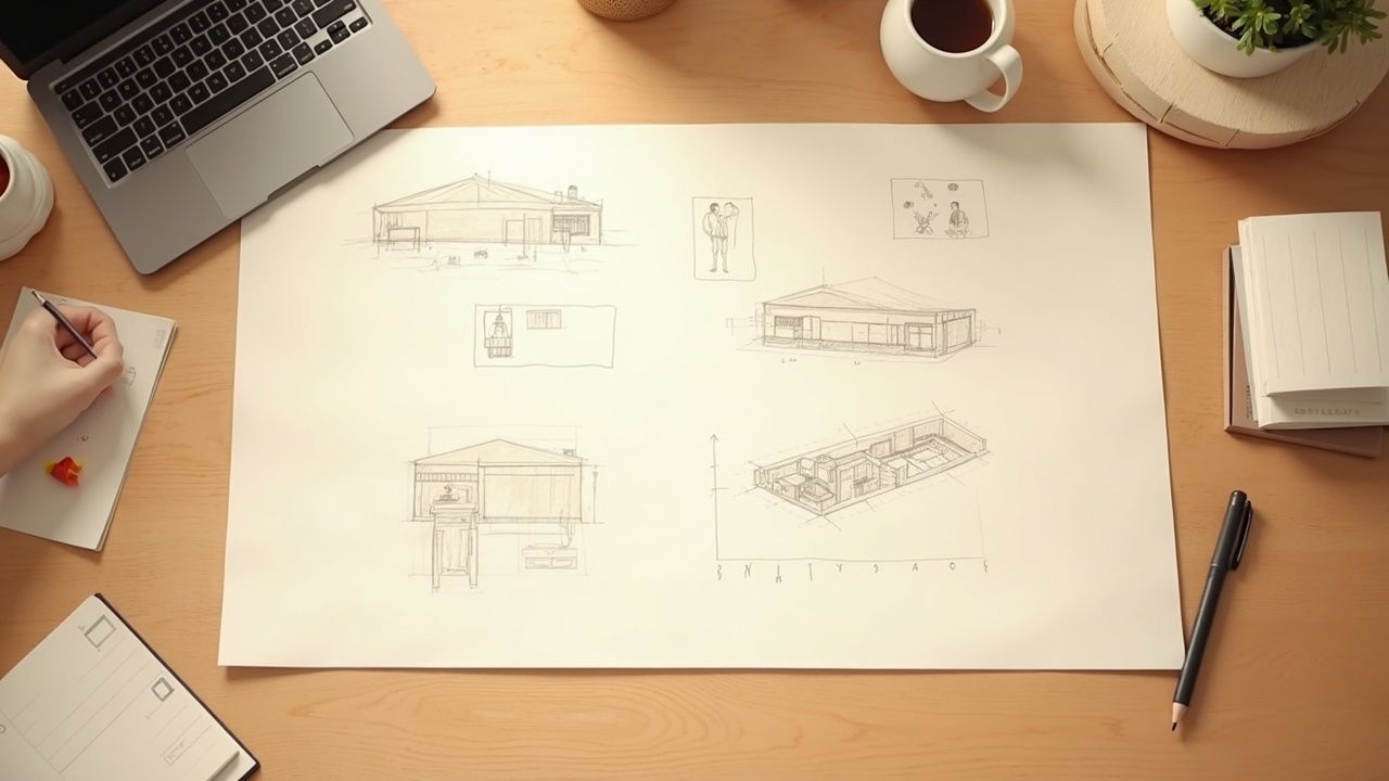 Sketches and structure notes on a wooden table, the concept phase