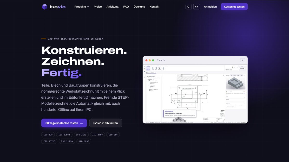 Startseite von isovio.ch: Das Programmfenster erstellt gerade eine bemasste Werkstattzeichnung
