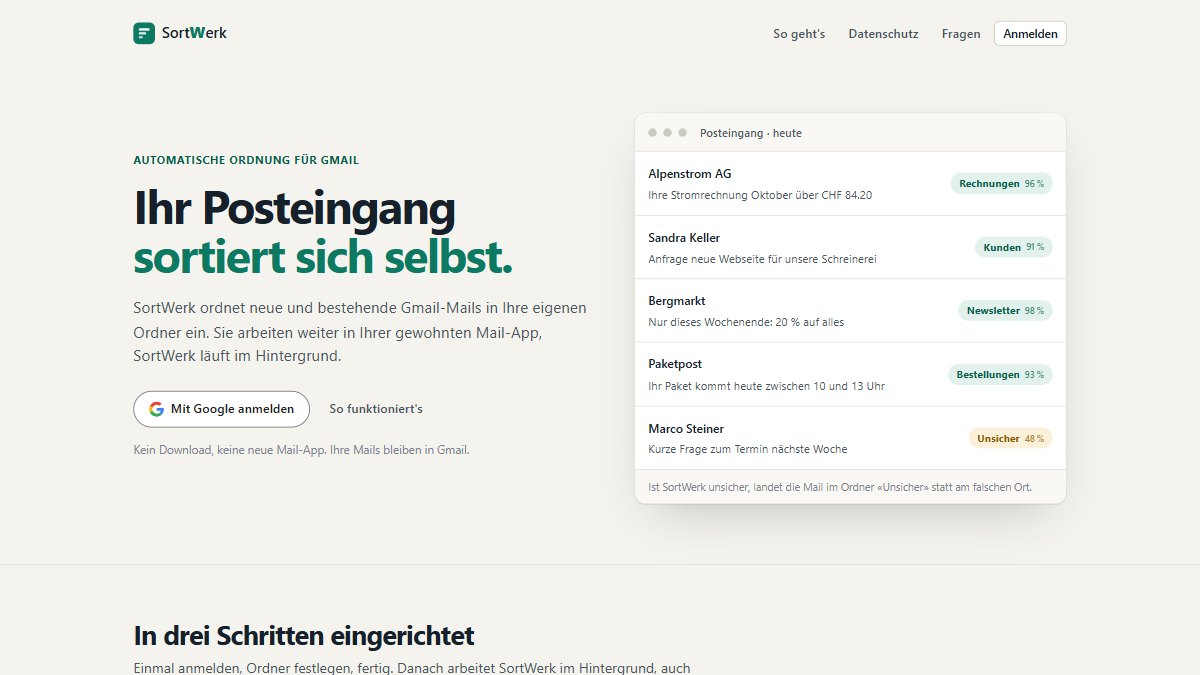 Home page of sortwerk.ch: an inbox whose emails SortWerk sorts automatically into folders such as invoices and clients