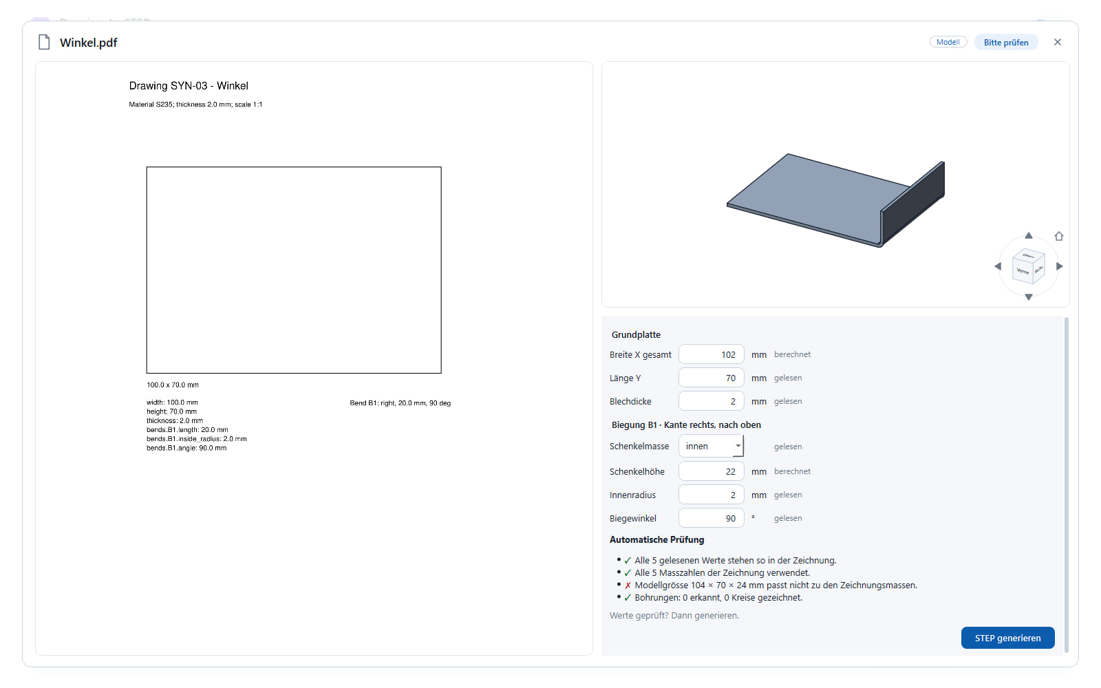 Drawing-to-STEP: eine PDF-Zeichnung links, rechts das daraus erzeugte 3D-Modell
