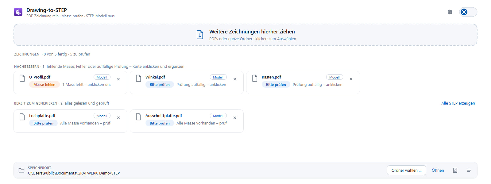 Drawing-to-STEP: ein Stapel Zeichnungen, sortiert nach «Nachbessern» und «Bereit zum Generieren»