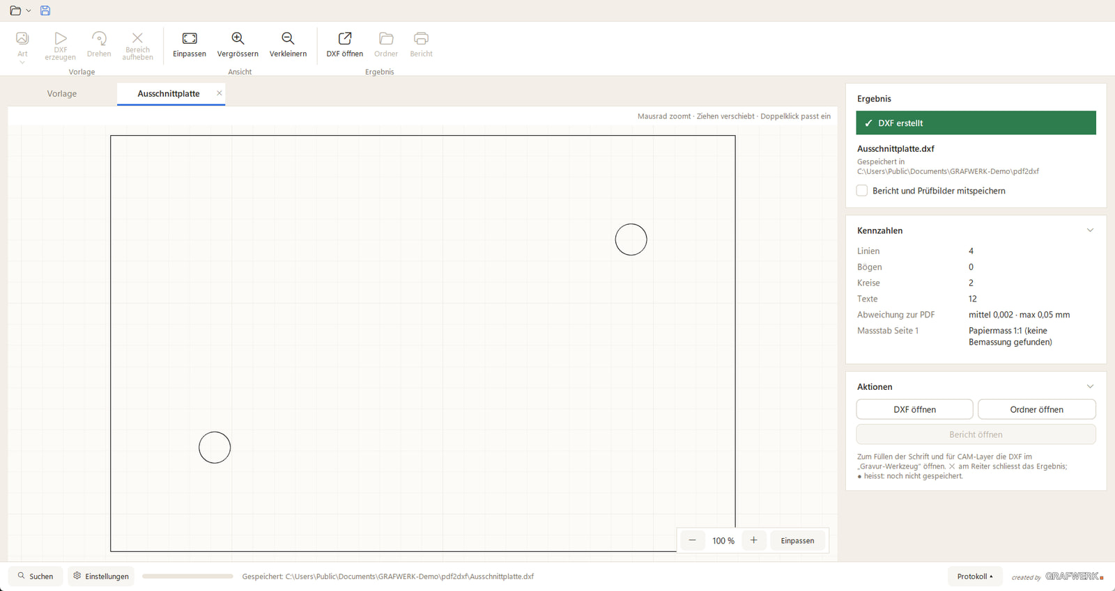PDF-to-DXF: die erzeugte DXF mit Kennzahlen und der gemessenen Abweichung zur PDF