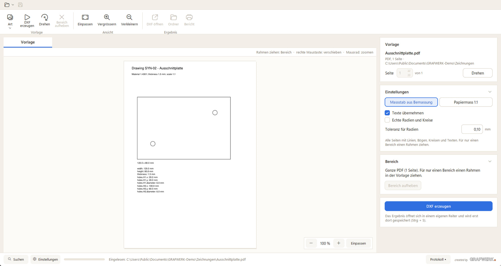 PDF-to-DXF: die eingelesene PDF-Vorlage mit den Einstellungen zur Umwandlung