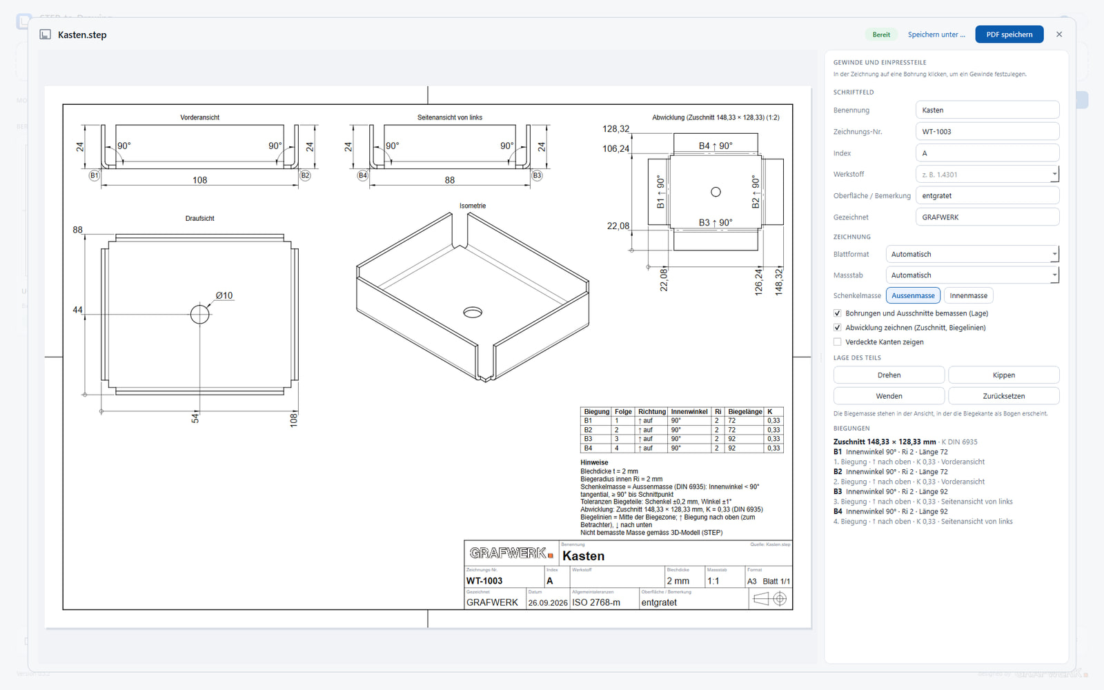 STEP-to-Drawing: 3D-Modell und die daraus abgeleitete 2D-Werkstattzeichnung mit Massen