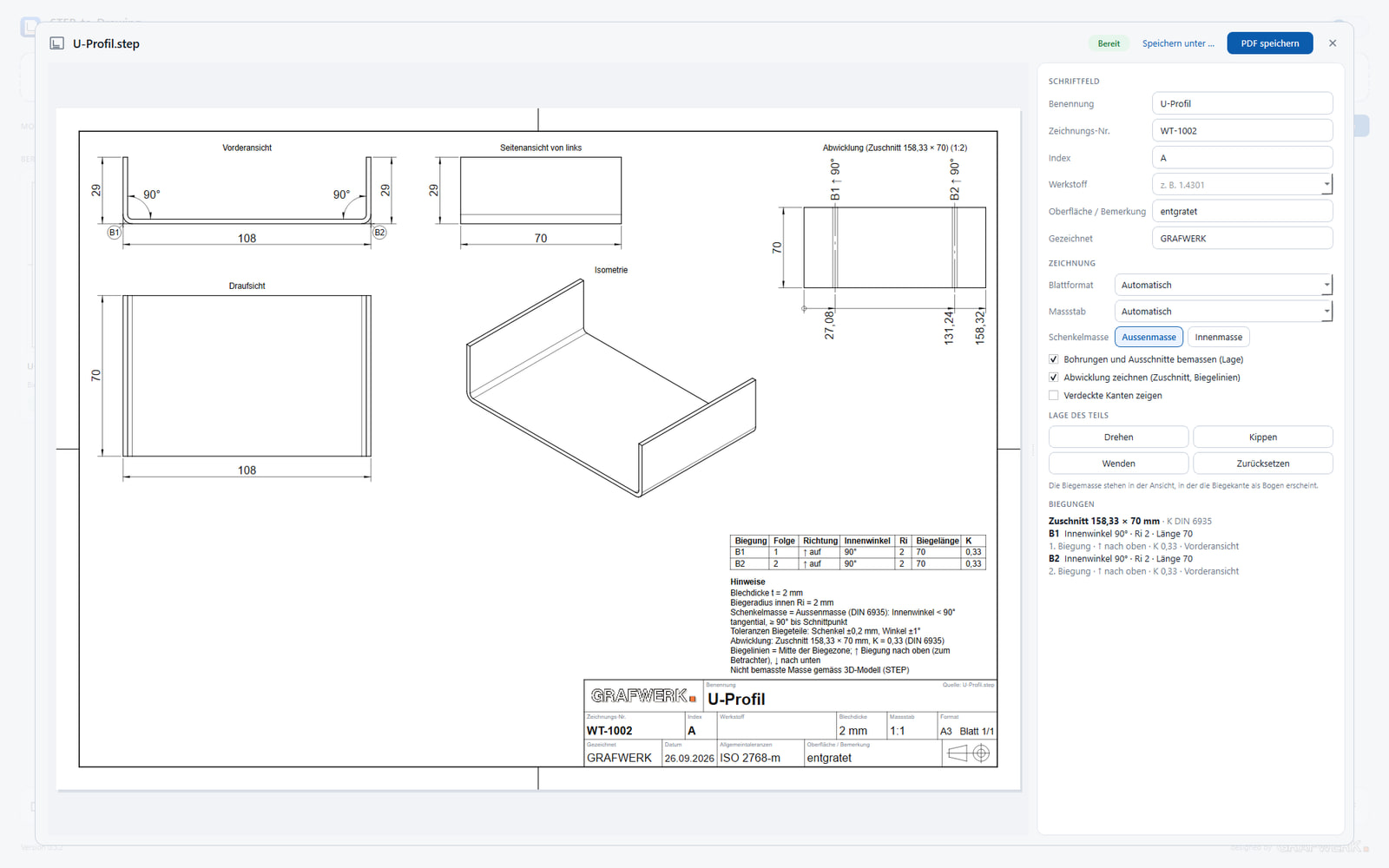 STEP-to-Drawing: Abwicklung eines Blechteils mit Biegemassen